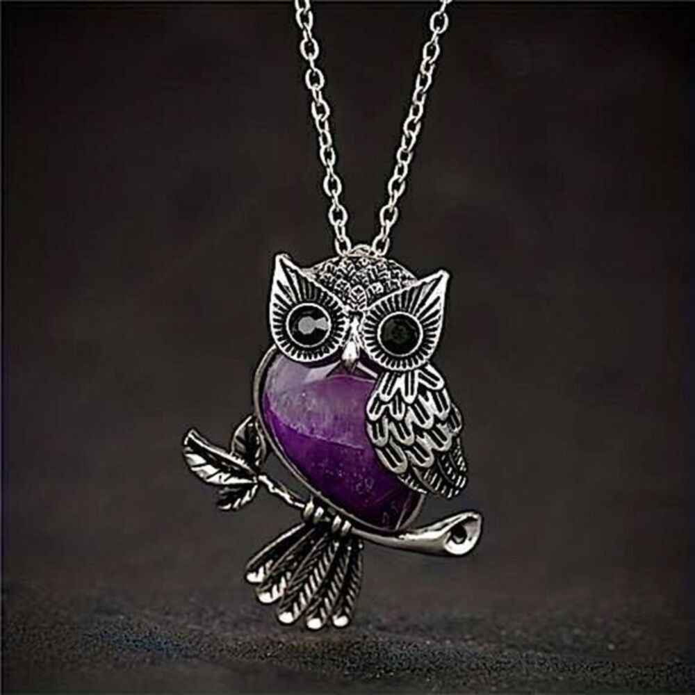 Mystical Purple Crystal Owl Pendant Necklace Cottagecore Statement Jewelry